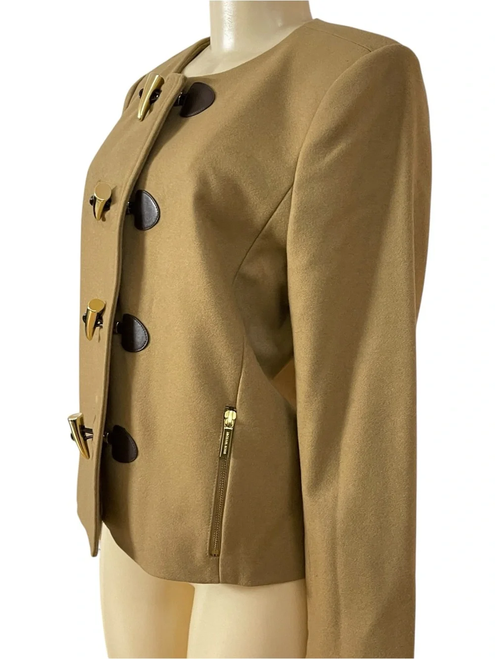 Michael Kors Brown Collarless Jacket Wool Blend Blazer with Zip‎ Pockets 12